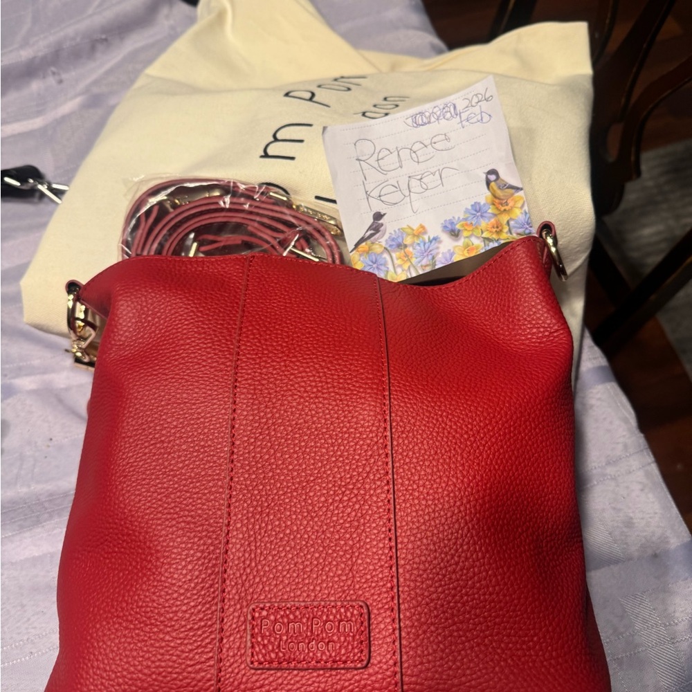 Pom Pom London Lambeth Crimson Red Leather Shoulder Bag